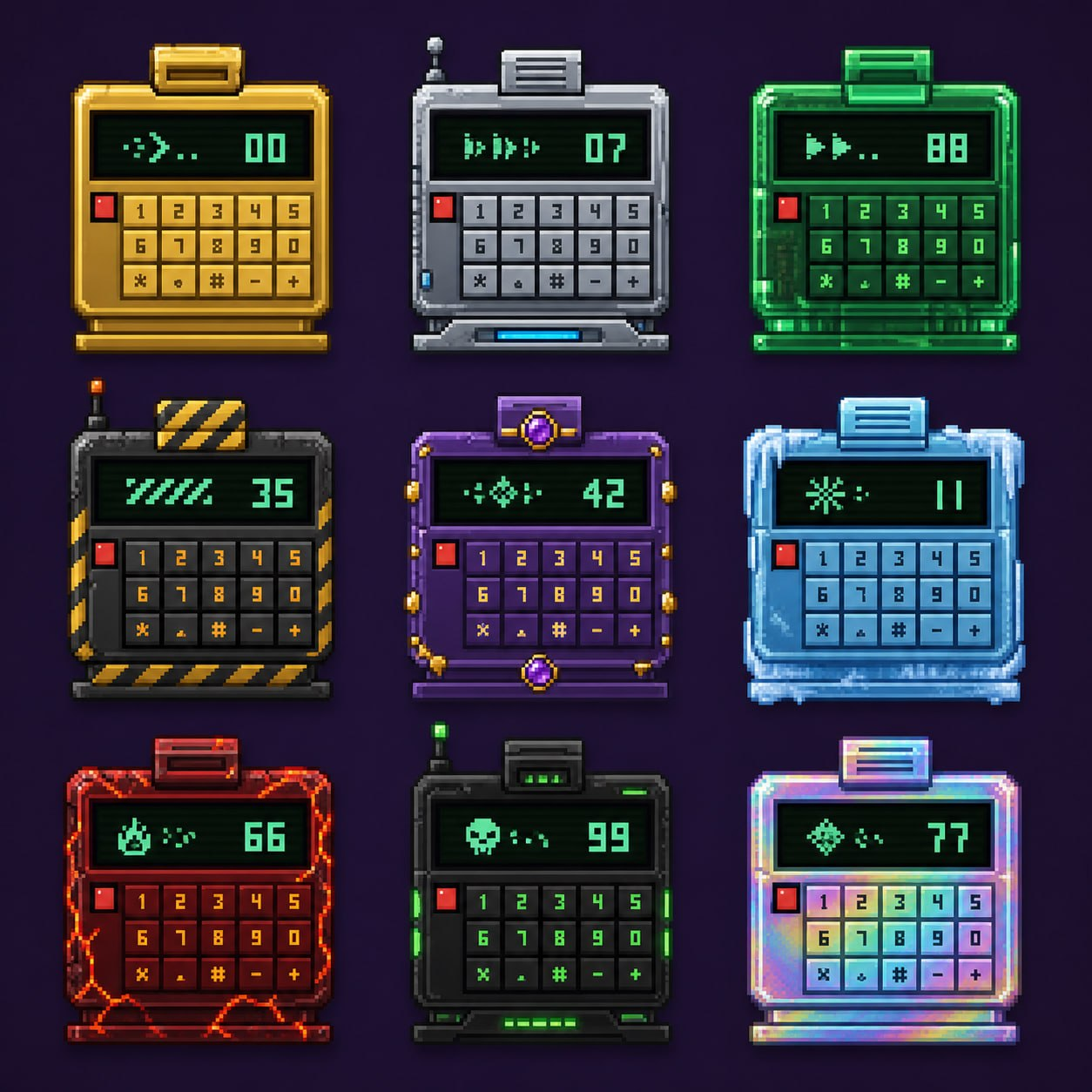 Nine pixel-art HOODHASH Pagers in different finishes